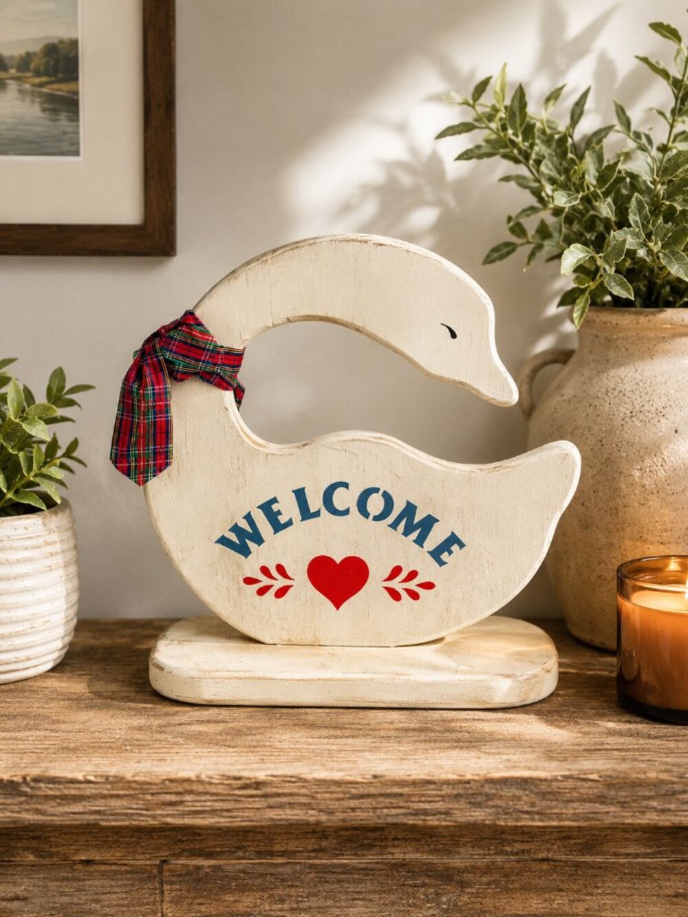 Welcome Heart Wooden Goose Decor with Plaid Bow and Seasons Greetings on reverse